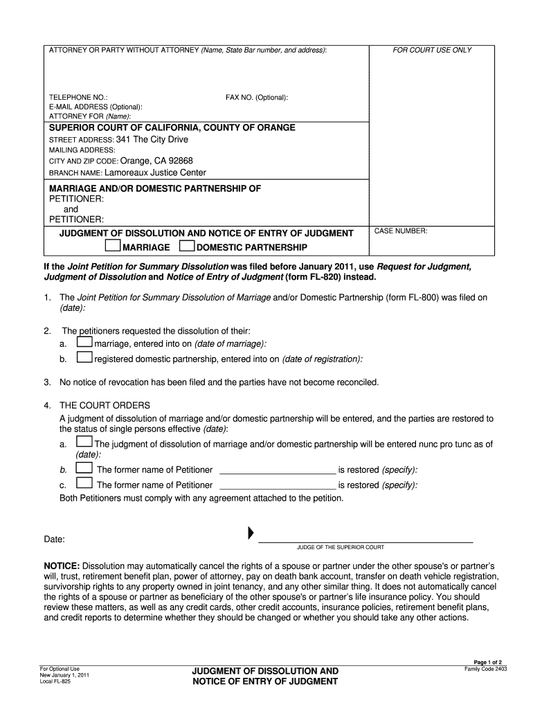  Judgment Summary Dissolution FL 825 Judicial Council Forms Occourts 2011