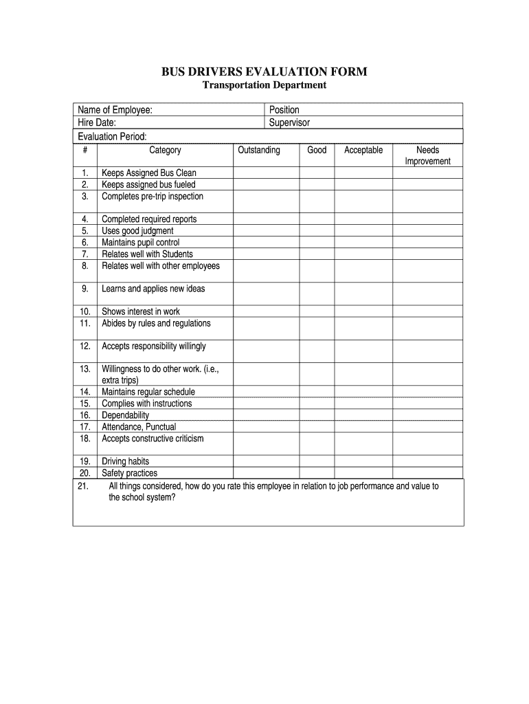 School Bus Driver Evaluation Form