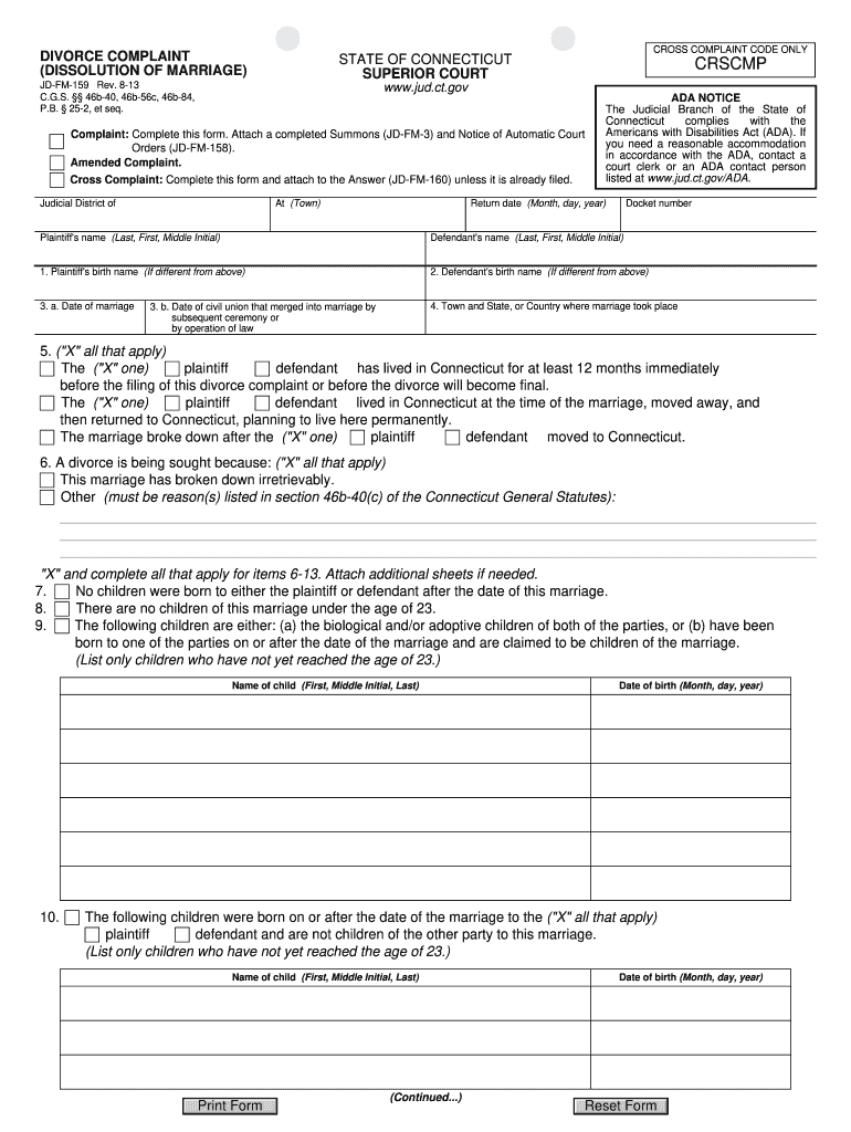 Connecticut Divorce Complaint Form