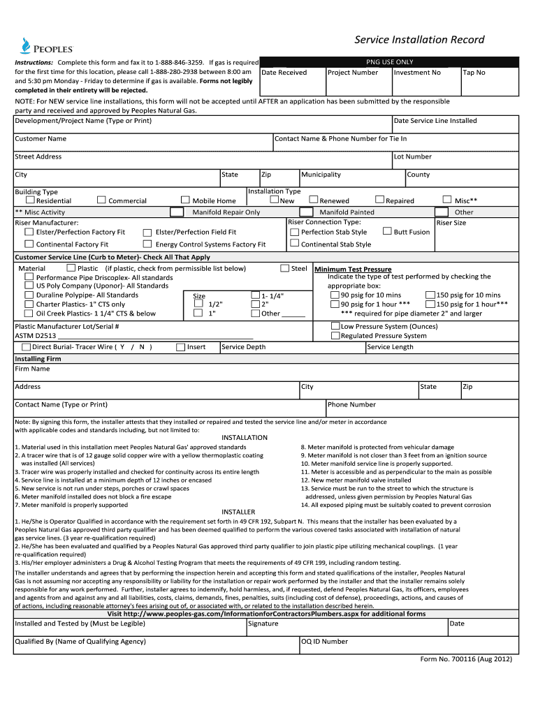  Form 700116 Service Installation Record Aug Peoples 2012