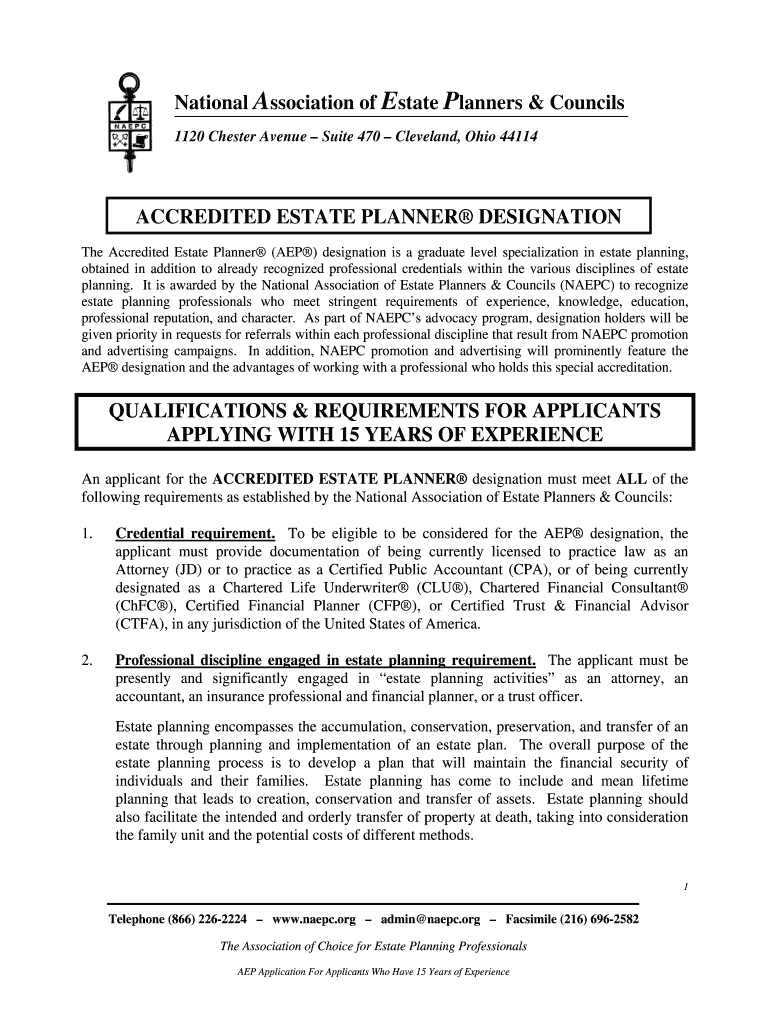 AEP Application, Applicants Qualifying with 15 Years of Experience 112011 DOC  Naepc  Form