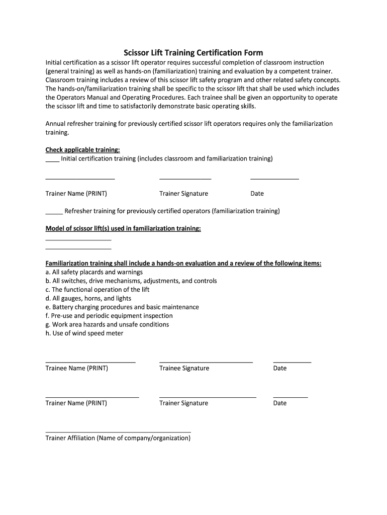 Scissor Lift Certification Requirement  Form