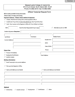 Official Transcript Request Form Main Welcome to MCLA Mcla