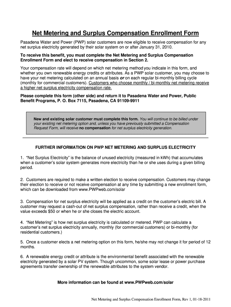  Net Metering and Surplus Compensation Enrollment Form 2011