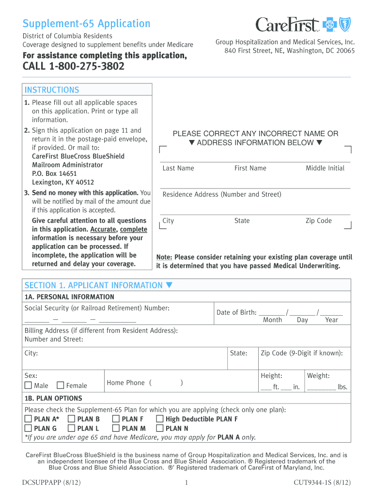 Supplement 65 Application  CareFirst BlueCross BlueShield  Form