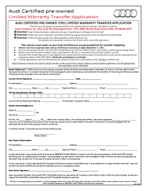 Audi Certified Pre Owned Limited Warranty Transfer Application  Form