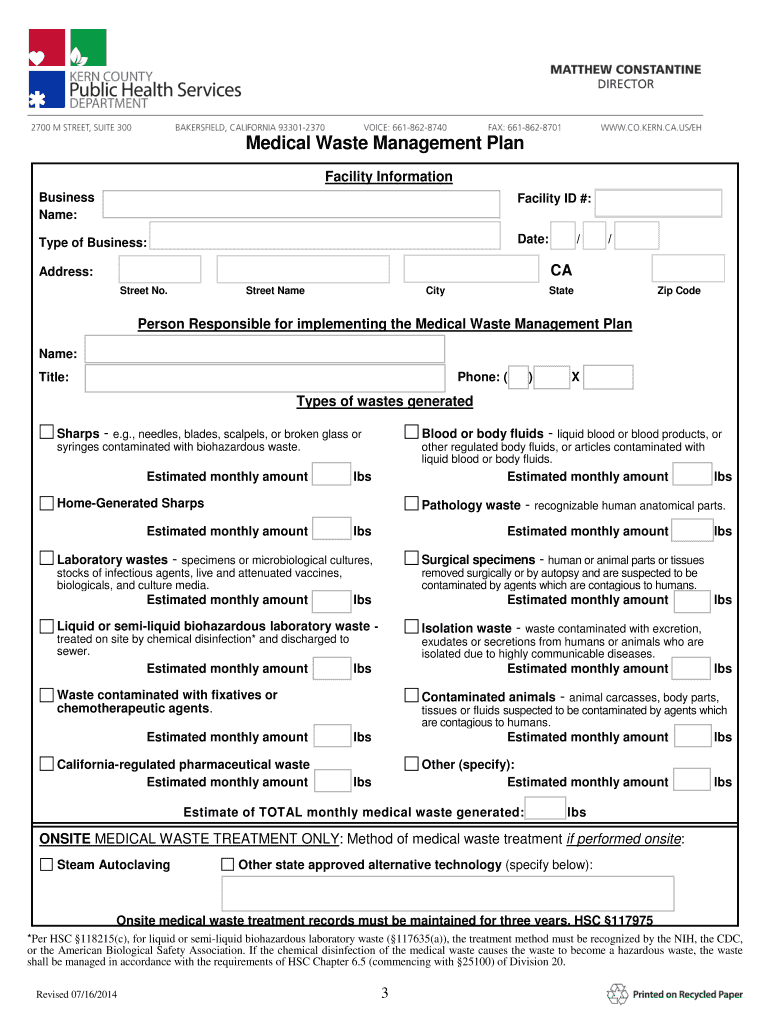  Medical Waste Management Plan  Psbweb Co Kern Ca 2014