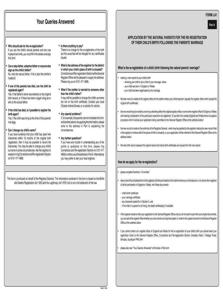  FORM LA1 Your Queries Answered Who Should Ask for the Re Registration Bathnes Gov 2000