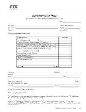 UNIT REMITTANCE FORM the California State PTA