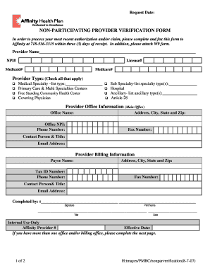 Non Participating Provider Verification Form Affinity Health Plan Affinityplan