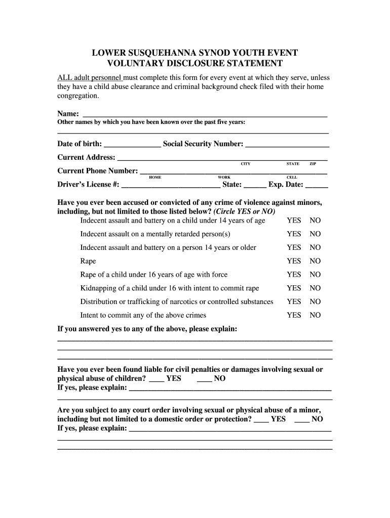 Child Abuse Disclosure Statement  Lower Susquehanna Synod  Lss Elca  Form