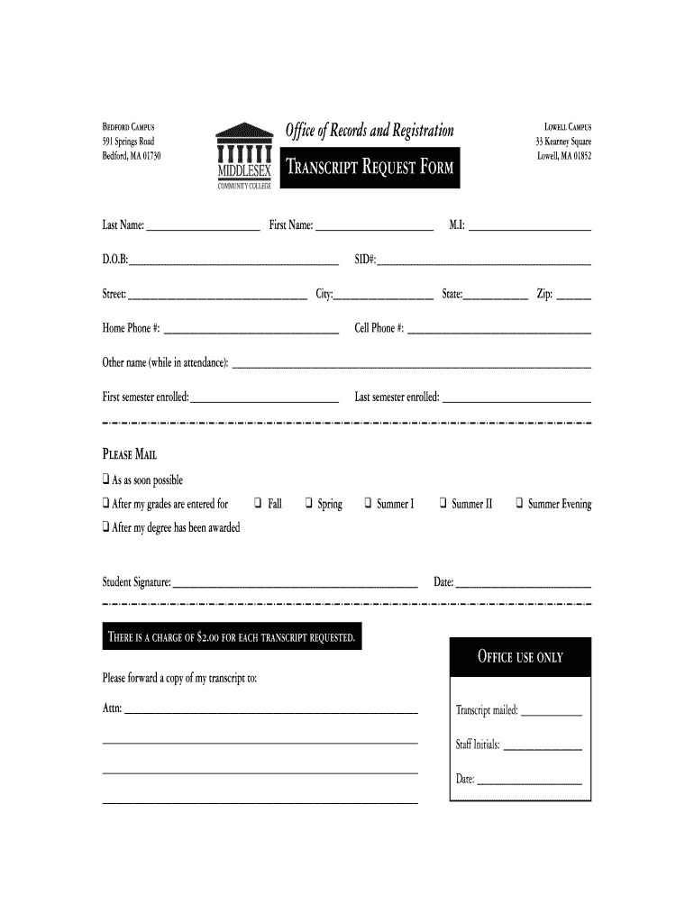 Middlesex Comm College Transcript PDF Form