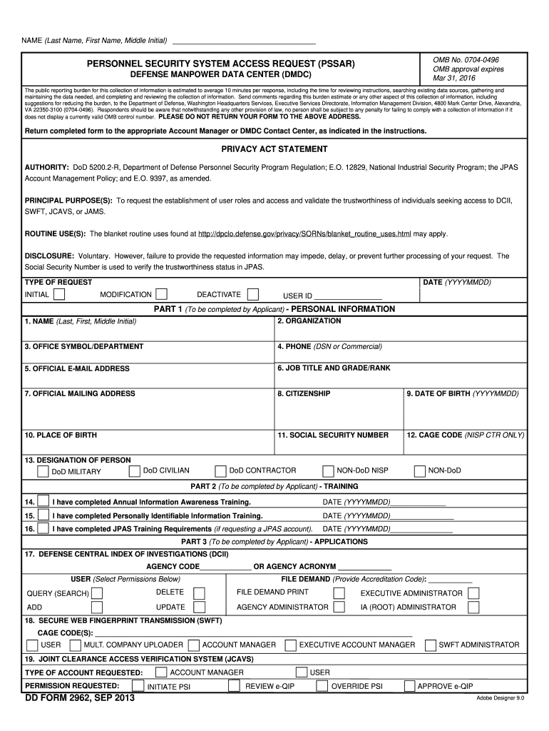  PERSONNEL SECURITY SYSTEM ACCESS REQUEST PSSAR 2013