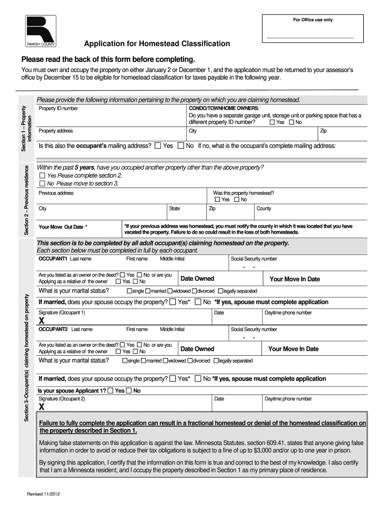  Application for Homestead Classification Ramsey County Co Ramsey Mn 2012