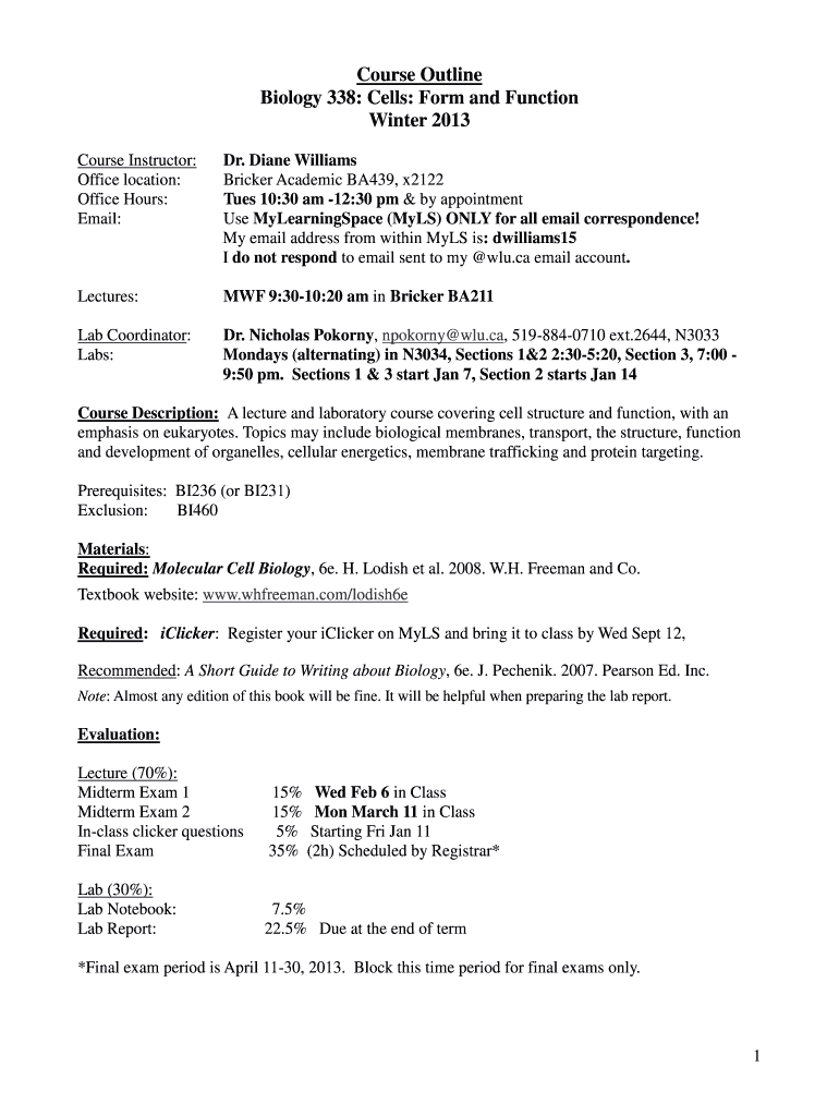 Course Outline Biology 338 Cells Form and Function Winter  Wlu