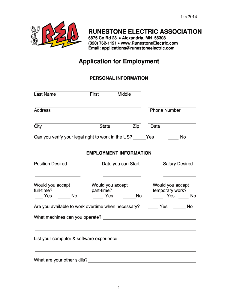  Employment Applications  Runestone Electric Association 2014