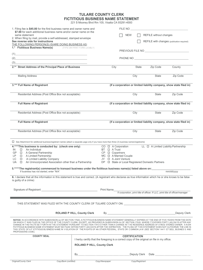 Tulare County Fictitious Business Name  Form