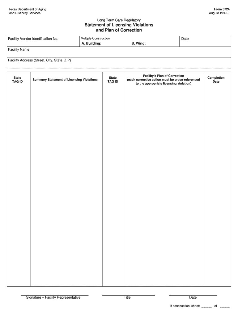 Statement of Licensing Violations and Plan of Correction Form 3724 Dads State Tx