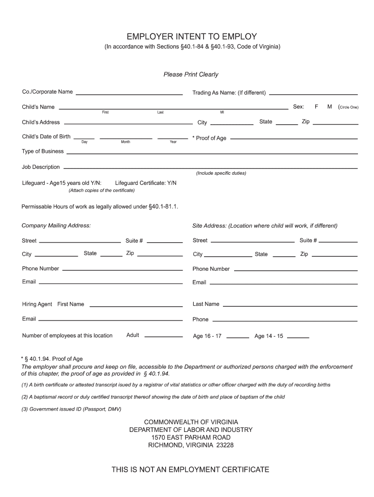 Virginia Intent Employ Form