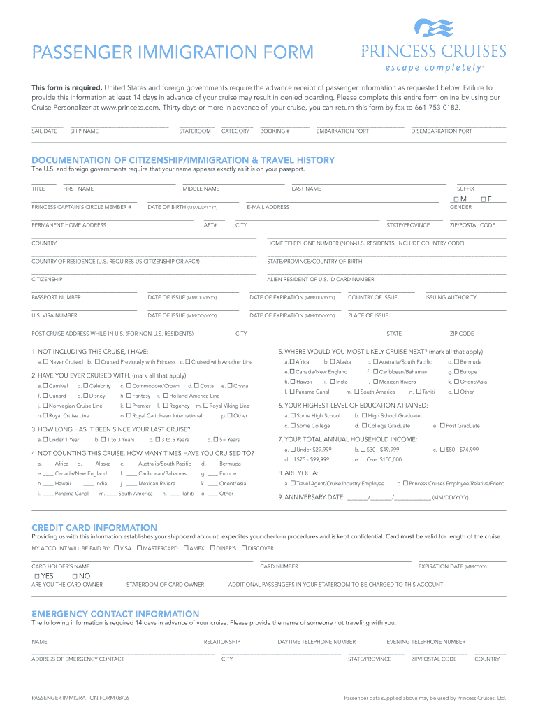  PASSENGER IMMIGRATION FORM Princess Cruises 2006