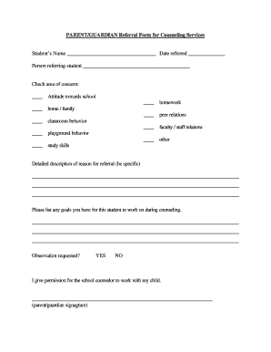 PARENTGUARDIAN Referral Form for Counseling Services