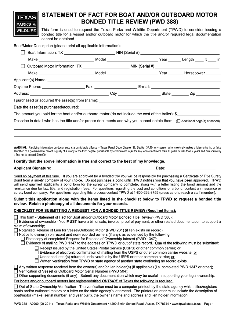  PWD 388 This Form is Used to Request the Texas Parks and Wildlife 2011