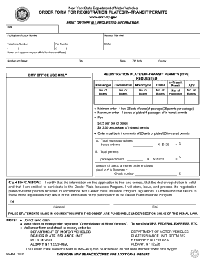  Order Form for Registration Platesin Transit Permits New York State Dmv Ny 2012