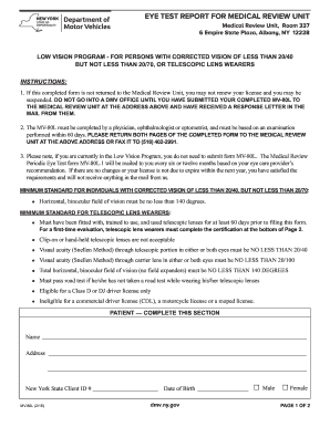 Eye Test Report for Medical Review Unit MV 80L New York State  Form