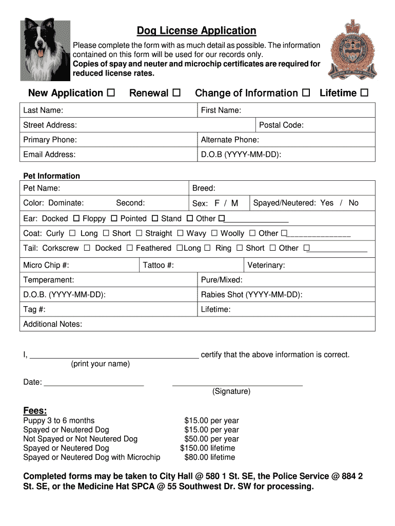 Medicine Hat Dog License  Form