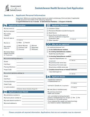 Saskatchewan Health Services Card Application EHealth  Form