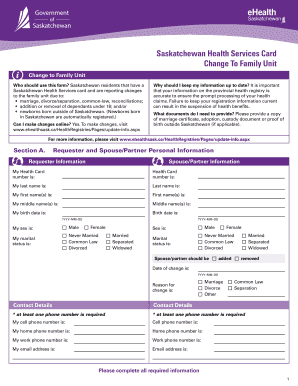 Change Family Unit Sask Health  Form