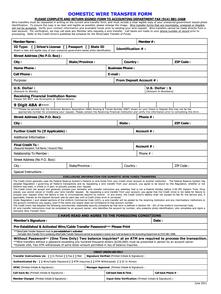  Domestic Wire Transfer Form  USAlliance Federal Credit Union  Usalliance 2011