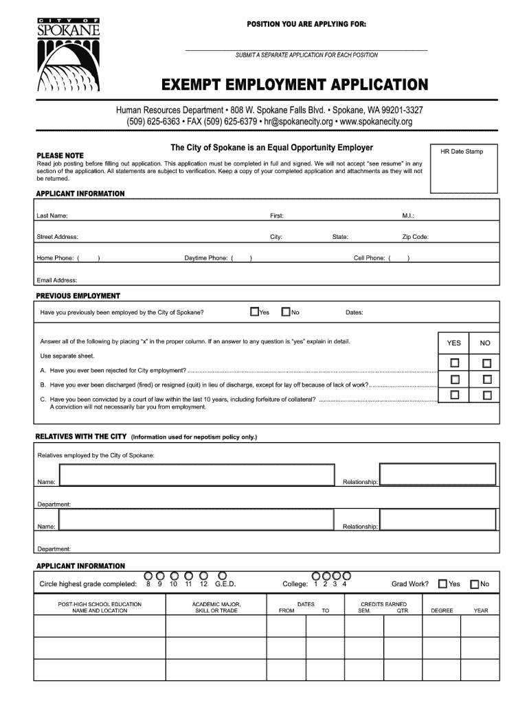  Exempt Employment Application  City of Spokane 2010-2024