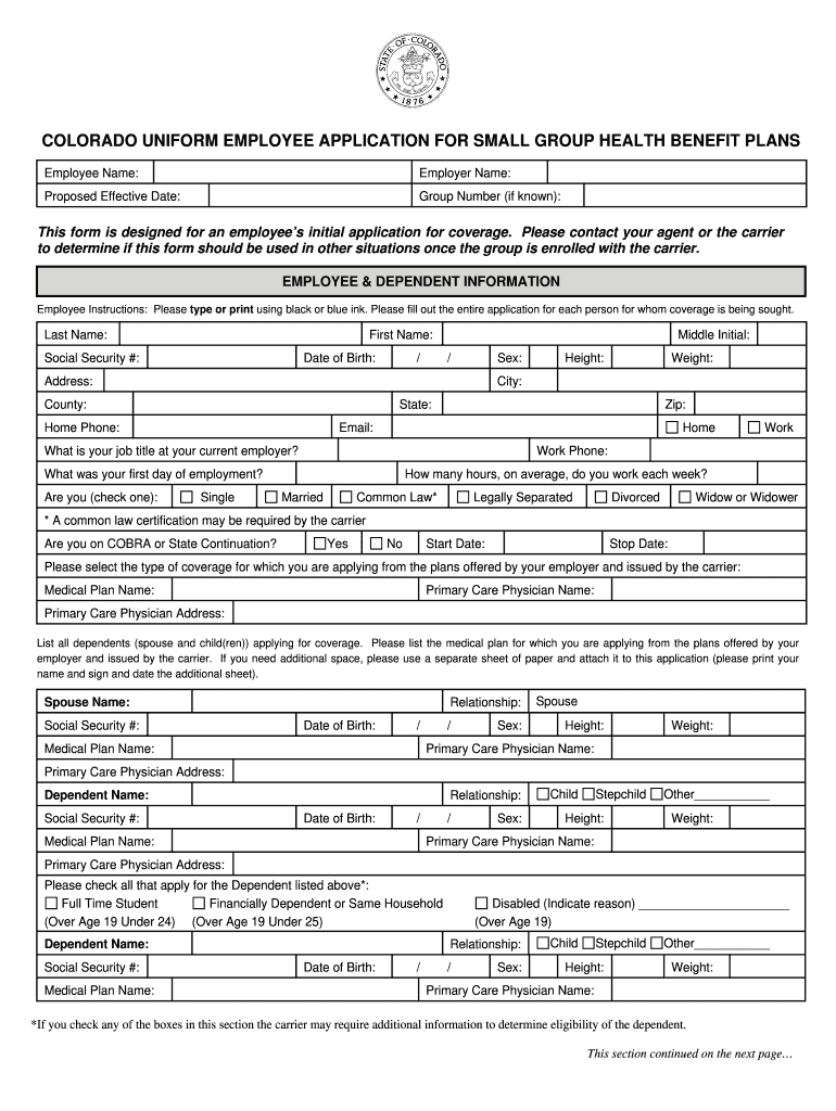  Colorado Uniform Employee Application for Small Group Health 2006