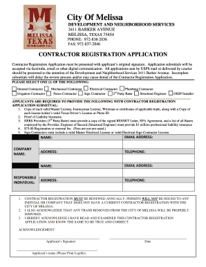 Contractors Registration BApplicationb City of Melissa Texas  Form