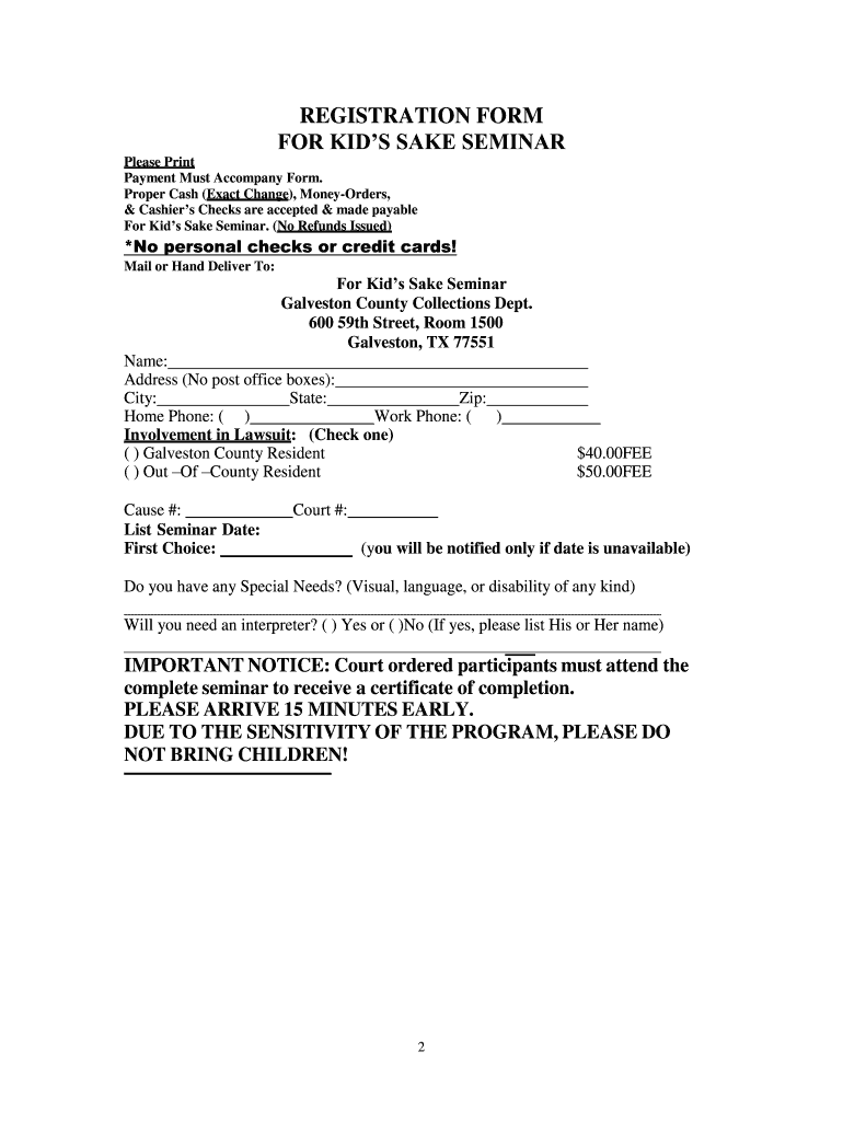 Registration Form for Kid&#39;s Sake Seminar  Galveston County