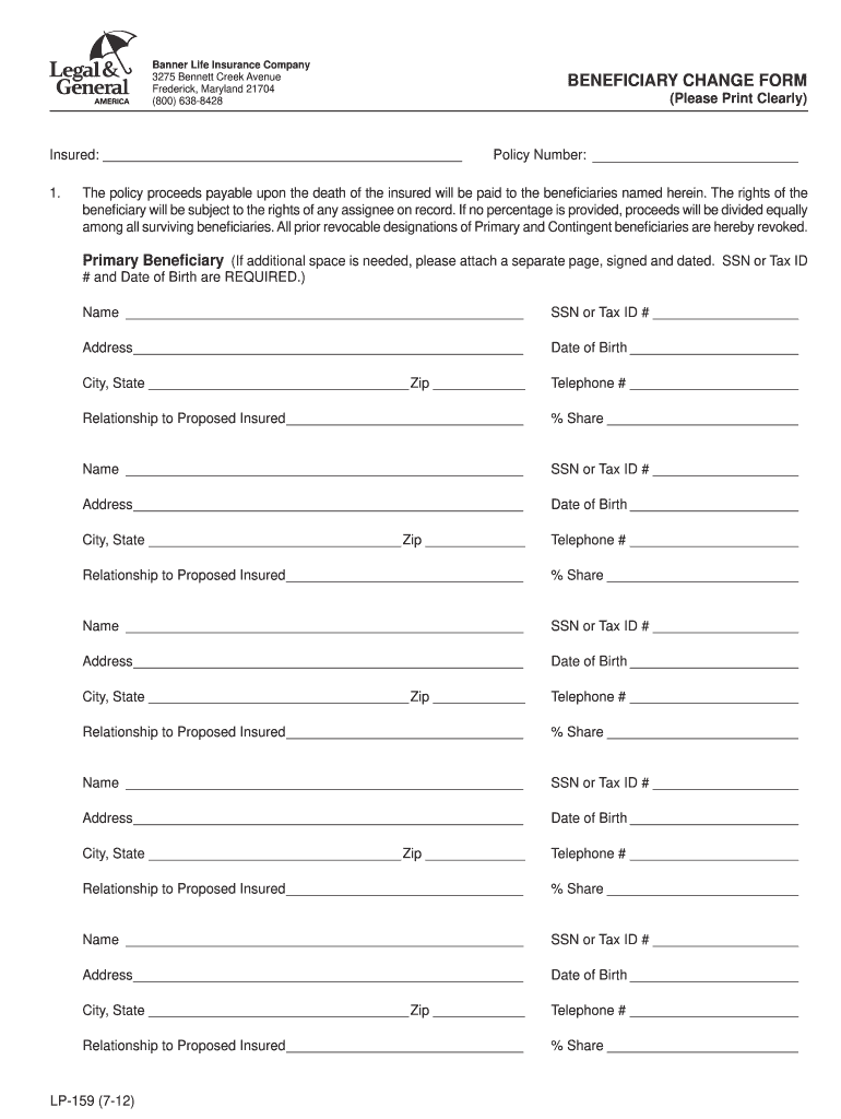  Banner Life Insurance Beneficiary Change Form 2012-2024