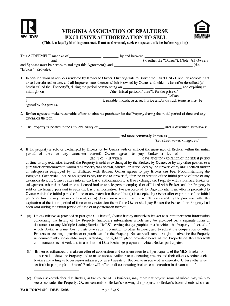 VIRGINIA ASSOCIATION of REALTORS EXCLUSIVE AUTHORIZATION to SELL This is a Legally Binding Contract, If Not Understood, Seek Com  Form