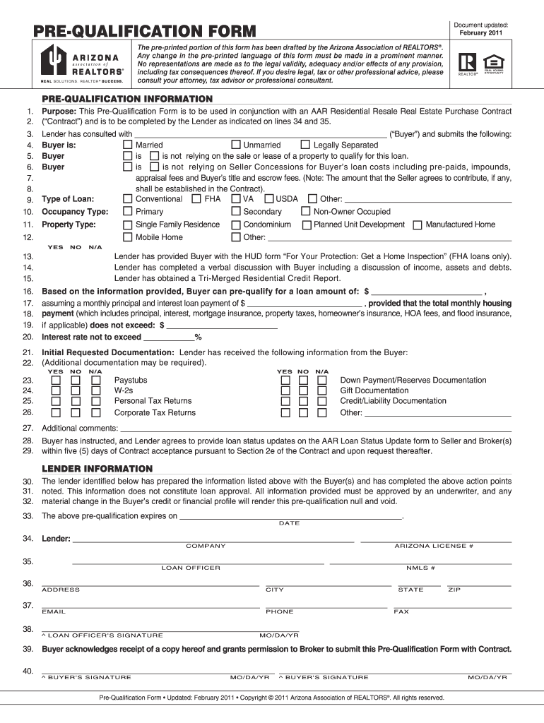 Pre Qualification Form Arizona Association of REALTORS