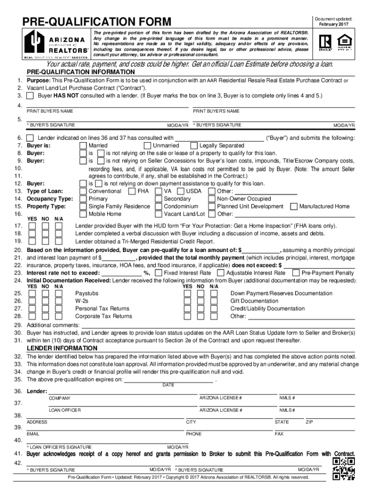 Pre Qualification Form Arizona Association of REALTORS