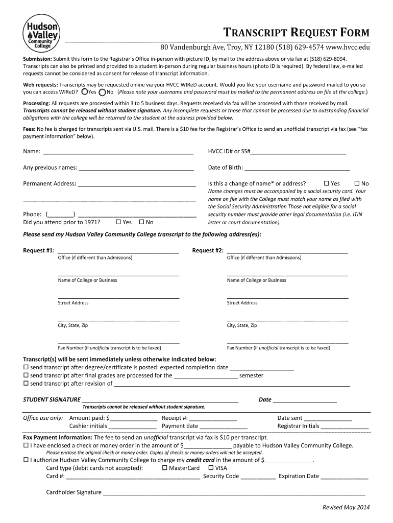  Hudson Valley Transcript Request Form 2014-2024