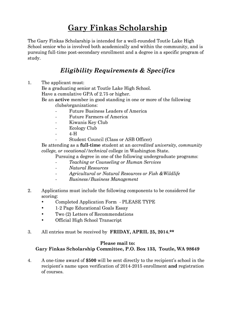 Gary Finkas Scholarship Application Toutle Lake School District  Form