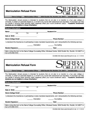 Matriculation Refusal Form Sierra College Sierracollege