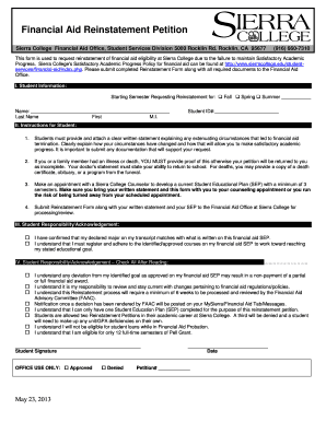 Reinstatement Petition Financial Aid Sierra College Sierracollege  Form