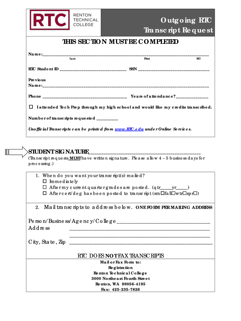 Renton Technical College Official Transcript  Form