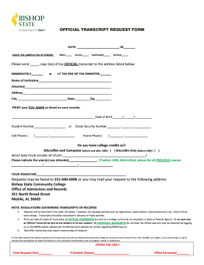 Bishop State Community College Transcript Request  Form