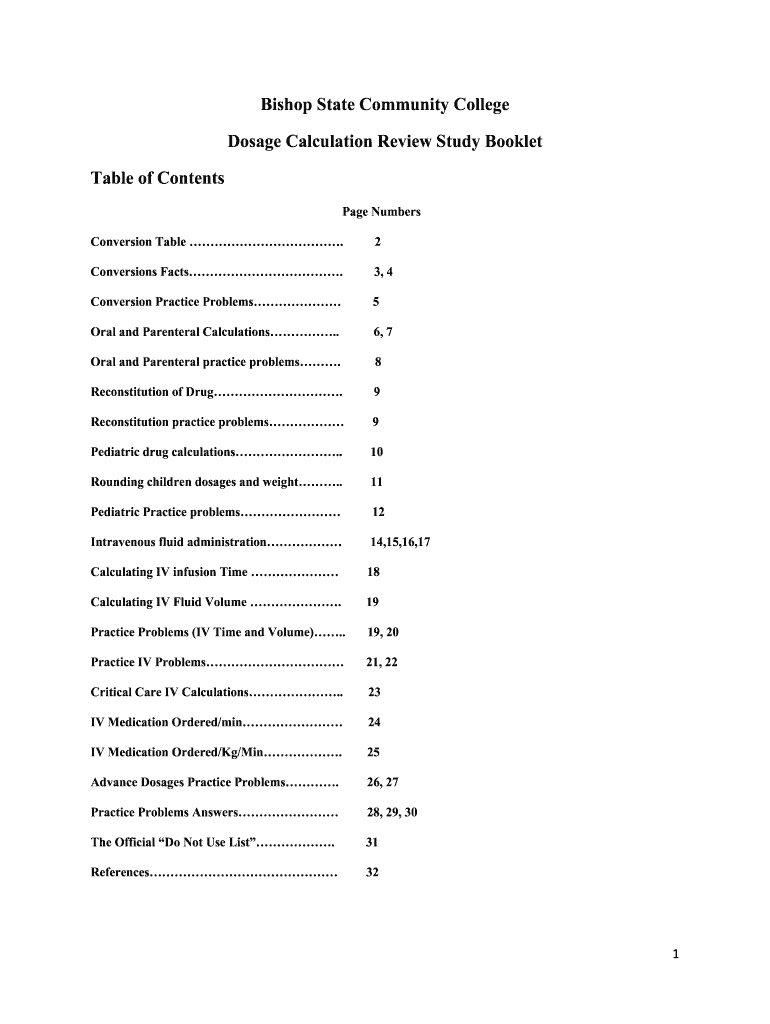 Bishop State Community College Dosage Cal Review Booklet  Form