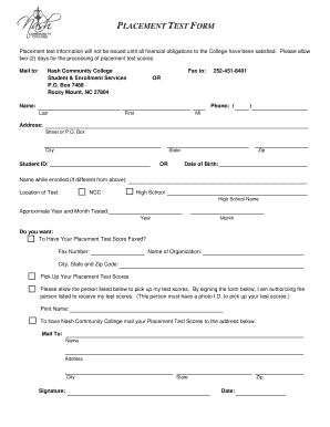 Nash Community College Placement Test  Form