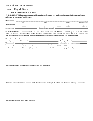 Phillips Exeter Recommendation Letter Form