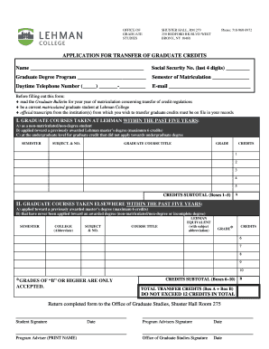 BApplicationb for Transfer of Credit Lehman College Lehman  Form